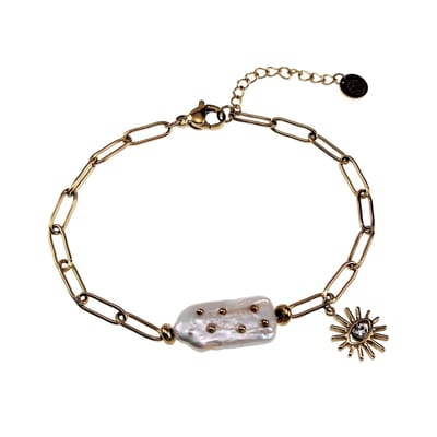 Armband Dames - Gold Plated RVS - Paperclip Schakelarmband met Natuurlijke Zoetwaterbarokparel - Verstelbaar