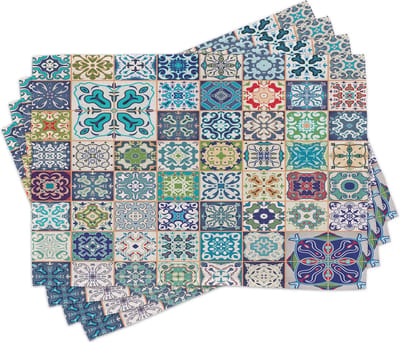 New Bed Kleurrijk Mediterrane flora tegels Set van 4 Placemat voor Eettafel, Wasbare Stof met Antislip Achterkant