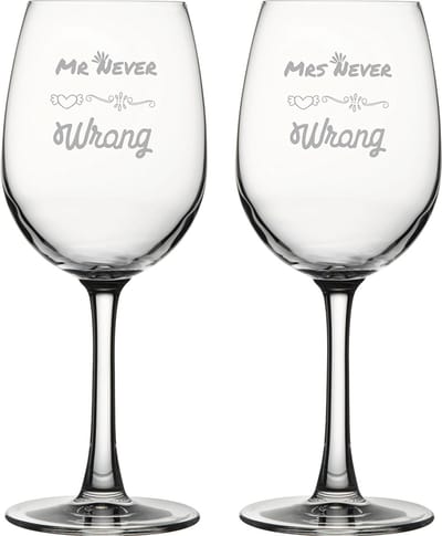 Gegraveerde set witte wijnglazen 36cl Mr. Never wrong - Mrs. Never wrong