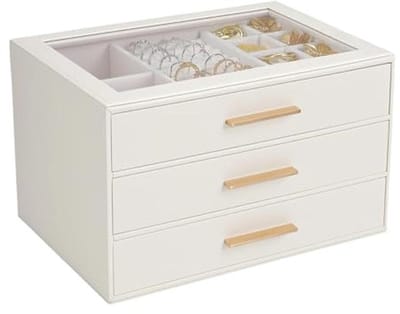 Sieradenbox met Glazen Deksel en 3 Lades - Elegante Organisator voor Kettingen, Ringen, Oorbellen en Armbanden