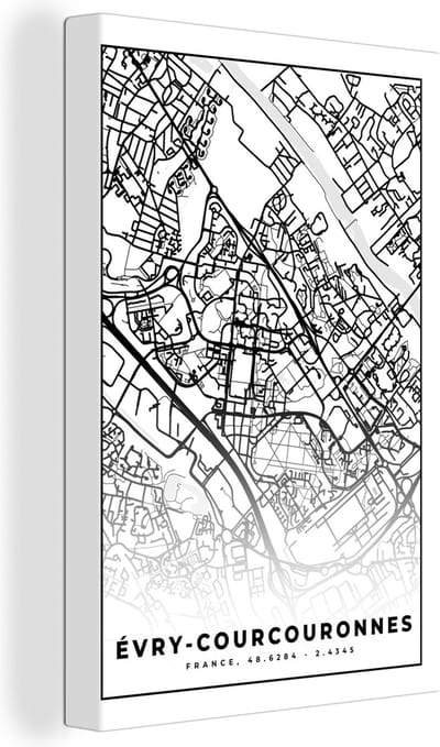 Canvas Schilderij Stadskaart - Plattegrond - Évry-Courcouronnes - Kaart - Frankrijk - Zwart wit - 20x30 cm - Wanddecoratie