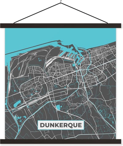 Posterhanger incl. Poster 60x60 cm - Schoolplaat - Dunkerque - Frankrijk - Plattegrond - Stadskaart - Kaart - Textielposter - Zwarte latten - Stadskaart