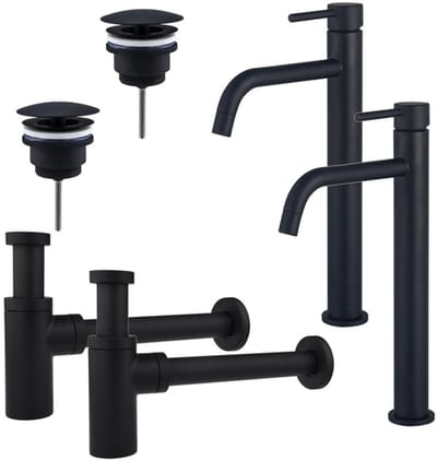 FugaFlow Eccelente Sobrado Badkamer Slim Wastafelkraanset - voor dubbele wastafel - verhoogde wastafelkraan - always open plug - design sifon - Mat zwart