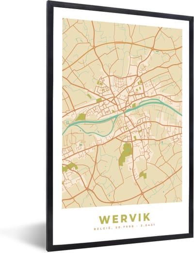 Fotolijst incl. Poster - Stadskaart - Plattegrond - Vintage - Wervik - Kaart - 40x60 cm - Posterlijst