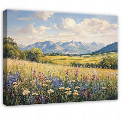 WALLARENA - Canvas schilderij - 100x70 cm - Schilderij van veldbloemen en een landschap voor slaapkamer, salon en keuken