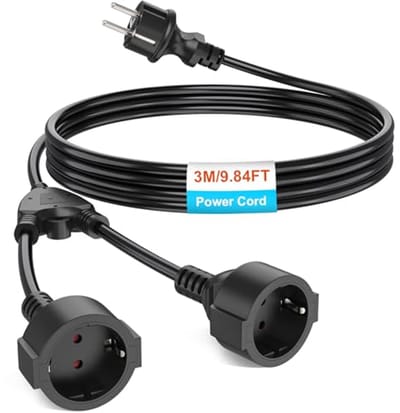 SnelShoppen - 3M Stekkerdoos met 2 Schuko Stopcontacten, Uitbreidingskabel met Aardbeveiliging, 250V, 16A, 3680W, Zwart, Voor Binnengebruik, IP20
