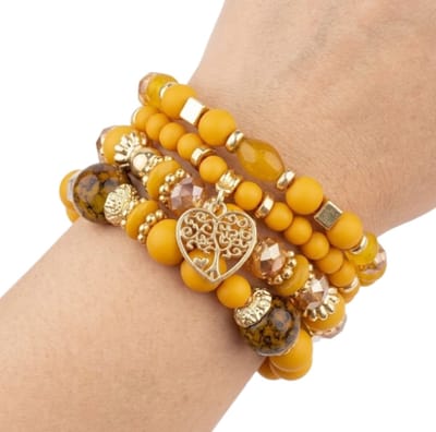 Geel goudkleurig parel armband dames kralen armband elastische stretch armband met levensboom hart hanger meerlaagse kralen sieraden voor feest bruiloft vakantie en dagelijks gebruik