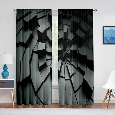 Blauw Geometrisch Vierkant Transparant Voile Gordijn voor Keuken Woonkamer Slaapkamer Decor Modern Abstract Tule Gordijnen Raambekleding 1 PCS W100XH250cm&Grommet Top