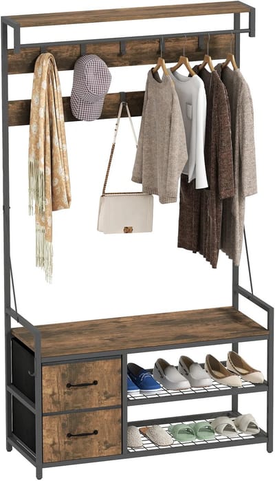 UFTA Kapstok met Schoenenrek - Staand - Garderobe Hal - Opbergkast Entree - 6-in-1 Industrieel Design - 10 Haken - Bruin Zwart