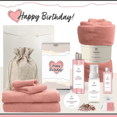 Geschenkset “Happy Birthday!” - 11 producten - 1660 gram | Triomf Original - Giftset voor haar Cadeau Valentijnsdag Luxe wellness cadeaubox Vrouw Ik hou van jou Cadeaupakket Kerst Geschenk Moeder Verjaardag Gift Set Valentijn Vriendin Roze