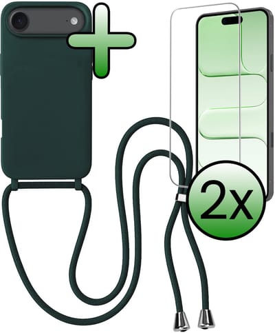 Hoes Geschikt voor iPhone Air Hoesje Met Koord Met 2x Screenprotector - Telefoonhoesje Geschikt voor iPhone Air Backcover Met Afneembaar Koord - Donkergroen