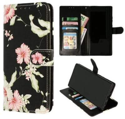 Cityhoesje Bookcase iPhone 14 Pro – Print Bloemen Zwart