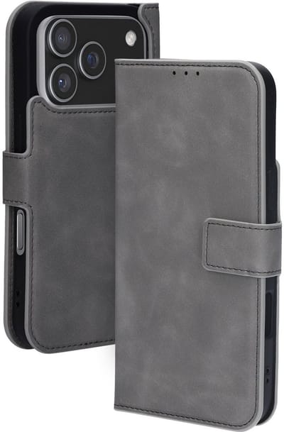 Mobiparts hoesje geschikt voor Apple iPhone 17 Pro Apple iPhone 18 Pro - Wallet/Boekhoesje - Eco Leer - Magneet Sluiting - Opberg vakken - Grijs