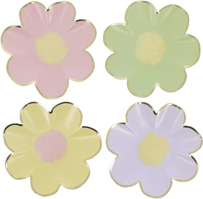 ARTYFETES - 8 kleine bloemenpapieren bordjes lila, roze, geel, groen en goud 18cm van karton
