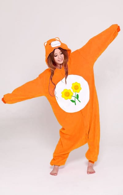 KIMU® Onesie Oranje Troetelbeer Pak - Maat 128-134 - Troetelbeertjespak Beer Kostuum Oranje Bloemen - Berenpak Kinderen Huispak Fleece Festival