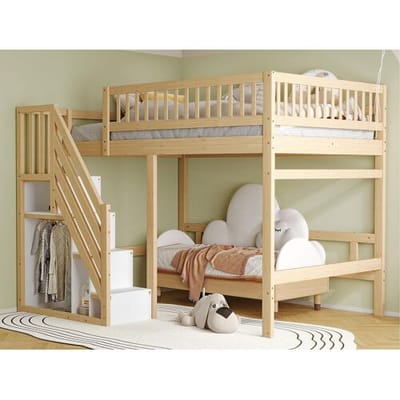 ModernLuxe Mezzanine bed 140x200cm - met trap met opbergruimte - massief hout + multiplex + MDF - Natuur