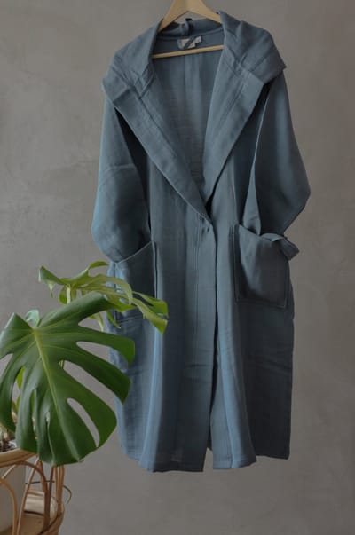 Ederlezi - Dunne Spa Badjas/Ochtendjas met Capuchon- Mousseline - %100 Turkse Katoen - Blauw - L/XL