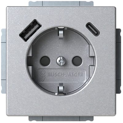 Busch-Jaeger stopcontact met randaarde met 2x USB (USB A + C) - Future linear aluzilver (20 EUCB2USBAC-83) - wandcontactdoos