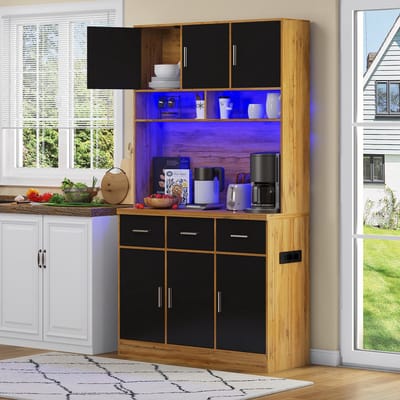 DESMIU Keukenkast - Met Ledverlichting En Stopcontacten - Met Laden En Verstelbare Planken Voor Keuken En Eetkamer - MDF - 100x40x180 Cm - Naturel Zwart