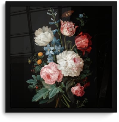 Poster in lijst - Fotolijst 40x40 cm - Posters - Boeket - Kleurrijk - Klassiek - Posterlijst zwart - Decoratie - Wanddecoratie woonkamer - Muurdecoratie slaapkamer