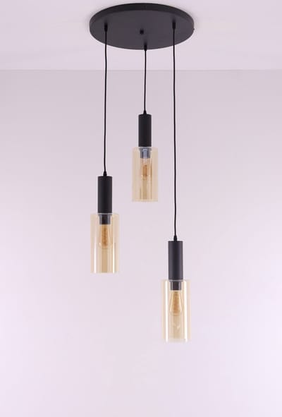 Hanglamp zwart met 3 amber glazen – E27 – 45 cm