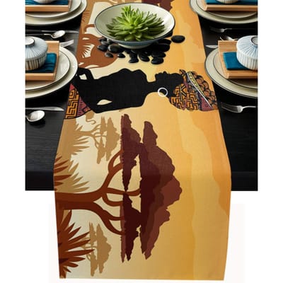 Afro Vrouw Olifant Giraf Linnen Tafelkleden Afro-Amerikaanse Dame Commode Sjaal Tafel Decoratie Feest Bruiloft Feest Decoratie 150x33cm beige