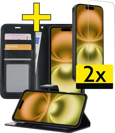 Hoesje - Met 2x Screenprotector - Geschikt voor Apple iPhone 16 - Luxe Pasjeshouder - Bookcase Portemonee - Flip Case - Kunstleer Book Case - Flipcase Hoes - Book Cover - Walletcase - Portemonneehoes - Telefoonhoesjes - Zwart
