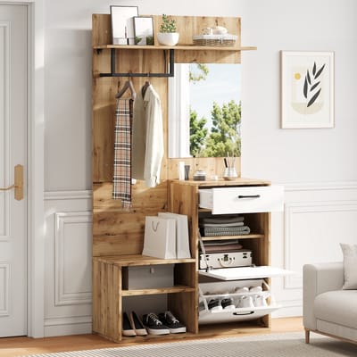 DESMIU Garderobekast - Compact Halmeubel Met Spiegel En Schoenbank - Met Lade En 2 Kanteldeurkasten Voor Hal En Entree - Spaanplaat - 100x38,5x190 Cm - Wit Natuur