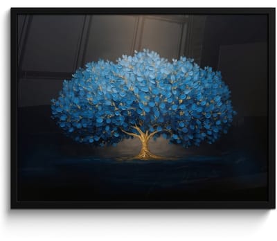 Poster in lijst - Fotolijst 80x60 cm - Posters - Boom - Blauw - Bladeren - Penseelstreken - Posterlijst zwart - Decoratie - Wanddecoratie woonkamer - Muurdecoratie slaapkamer