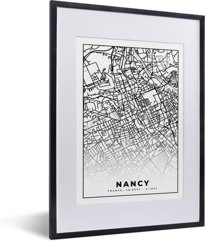 Fotolijst incl. Poster Zwart Wit- Stadskaart - Nancy - Plattegrond - Kaart - Frankrijk - Zwart wit - 30x40 cm - Posterlijst
