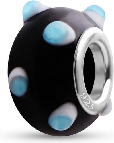 Quiges - 925 - Sterling - zilver - Glazen - Kraal - Bedels - Beads - Zwart met Blauw Wit 3D Stippen - Past op alle bekende merken - Armband GZ190