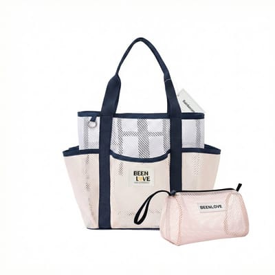 Rainbecom - Strandtas Set 2-delig (Tote + Rits Pouch) - Mesh Sneldrogend - Zand Schudt Eraf - Meerdere zakken - Waterdichte Zandbestendige Opvouwbare tas - Lichtgewicht 17,2L - Lichtroze