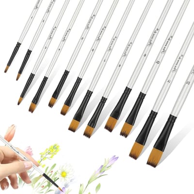 Set van 12 Professionele Plat Penseelkwasten voor Acryl, Waterverf en Olieverf - Nylon Haren voor Kunstenaars en Creatieve Projecten