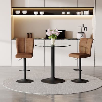 Intebiki barkrukken met rugleuning set van 2 - barkruk met bartafel m- Glazen tafel van 89 cm + 2 draaibare barkruk bruin -voorzien van comfortabele voetpedalen - bruin