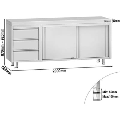 GGM Gastro Edelstahl Arbeitsschrank ECO - 2000x600mm - mit 3 Schubladen links Zilver