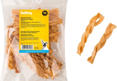 Boomy - Natuurlijke hondensnacks - Gedroogde hondensnoepjes - Kauwsnack - Kauwstaaf hond - Paardensticks gevlochten - 15cm - 200g