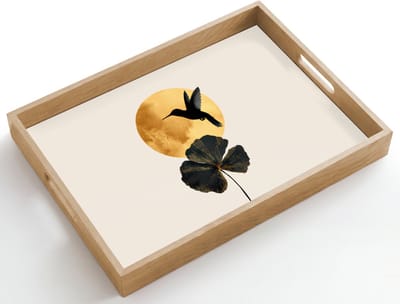 Dienblad hout 50x35 cm - Schootdienblad - Zwarte kolibrie - Bloem - Gouden cirkel - Borrelplank rechthoek - Plateau dienbladen