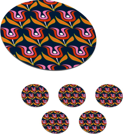 Onderzetters voor glazen - Rond - Retro - Tulp - Abstract - Design - 10x10 cm - Glasonderzetters - 6 stuks