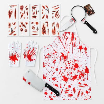 Halloween Kostuum Set 5 in 1 met Bloedige Schort, Nepmes, Tattoos en Handschoenen voor een Griezelige Chef en Serieel Moordenaar Outfit voor Feest en Carnaval