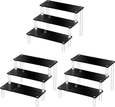 Drie-laagse Acryl Riser Plank Organizer Set voor Figuren en Amiibo - Zwarte Display Stand voor Aanrecht en Collectie, 30 cm Breed met Duidelijke Benen