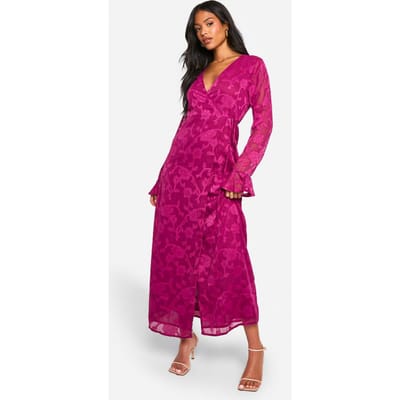 boohoo Dames Lange Burnout Bloemrijke Ruffle Wrap Jurk | Pruim | Maat: 36