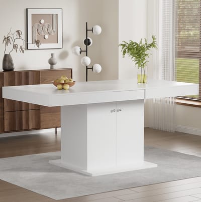 DESMIU Uitschuifbare Eettafel Met Opbergruimte Voor Eetkamer, Keuken En Woonkamer, Wit Spaanplaat, 140 Tot 180 X 80 X 76 Cm