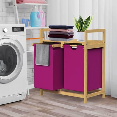 ML-Design | Wasmand met 2 vakken, 73x63x33 cm, van bamboe, magenta, wasmand 2x30 l, wassorteerder met opbergvak, wasbox voor badkamer/wasruimte