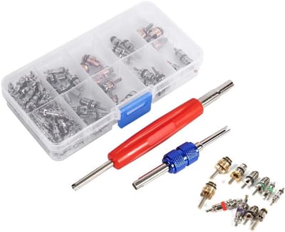 Dailygoods- A/C Kleppentrekker Set 102 Stuks - 100 Kleppen + 2 Verwijdertools - Aluminium/Plastic - Voor Auto's - Geschikt voor R134a/R12
