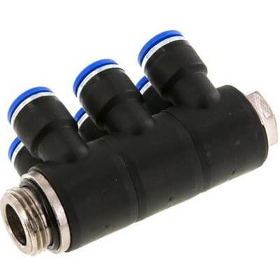 10mm x G1/2'' 6-way Manifold Messing/PA 66 Insteekfitting Buitendraad Draaibaar NBR