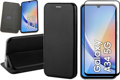 Hoesje geschikt voor Samsung Galaxy A34 - Screen Protector FullGuard - Book Case Kunstleer ThinShield Zwart & Screenprotector