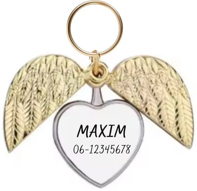 Hondenpenning Hart met Vleugels | UNIEKE Hondenpenning | RVS Hondenpenning Goud Hart | Inclusief Naam en Telefoonnummer | Petshop Seven®