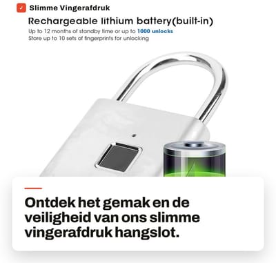 Dailygoods - Slimme Vingerafdruk Hangslot - Duurzaam Elektronisch Sleutelloos Slot voor Fiets, Rugzak en Bagage (Zilver)