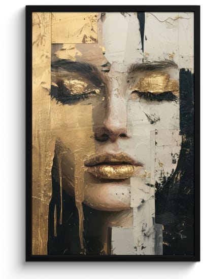 Poster in lijst - Fotolijst 60x90 cm - Posters - Abstract - Goud - Gezicht - Lippen - Posterlijst zwart - Decoratie - Wanddecoratie woonkamer - Muurdecoratie slaapkamer