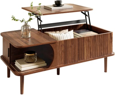 Salontafel - Liftfunctie Met Schuifdeur - Verticale Ribbelstructuur - MDF Hout - Walnootkleur